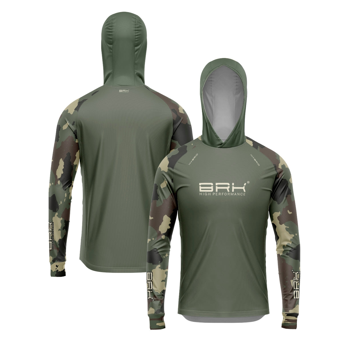 Camisa de Pesca Brk com Luva e Capuz Hybrid Camuflada Verde com Proteção Solar UV50+ Brk Fishing