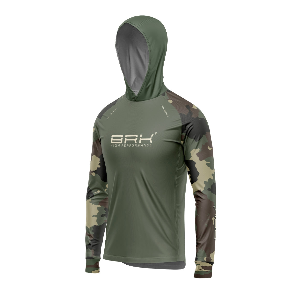 Camisa de Pesca Brk com Luva e Capuz Hybrid Camuflada Verde com Proteção Solar UV50+ Brk Fishing