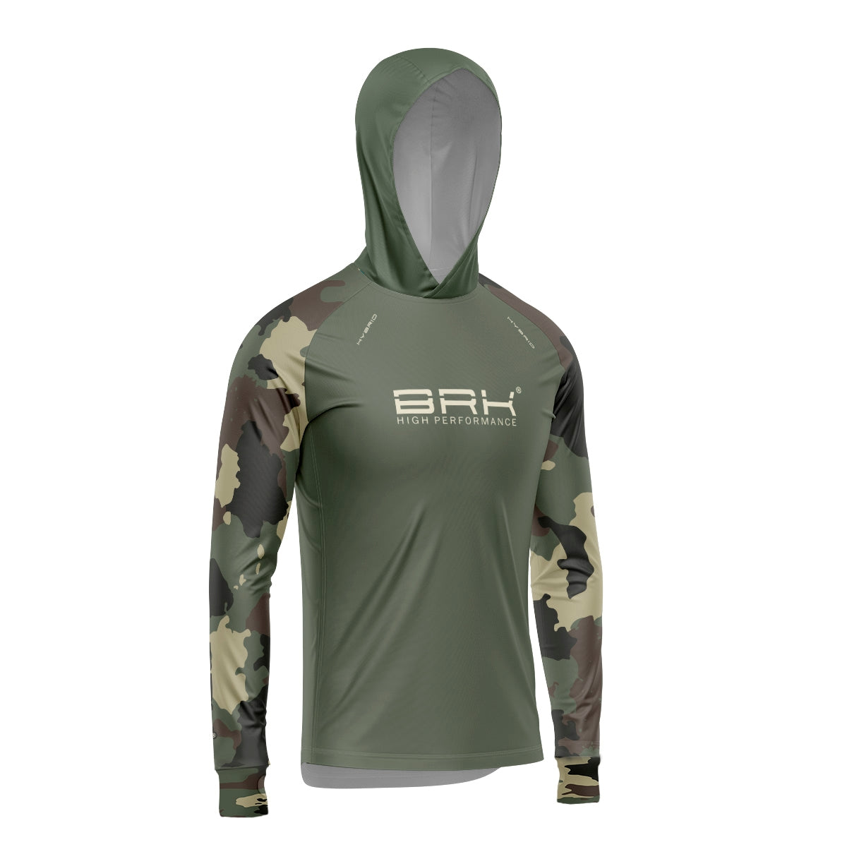 Camisa de Pesca Brk com Luva e Capuz Hybrid Camuflada Verde com Proteção Solar UV50+ Brk Fishing