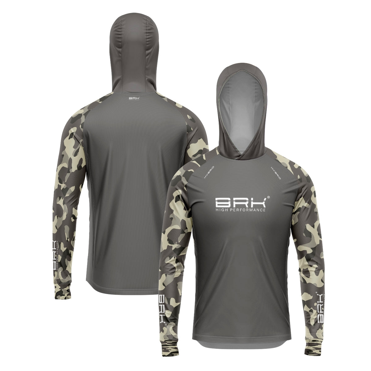 Camisa de Pesca Brk com Luva e Capuz Hybrid Camuflada Cinza e Verde com Proteção Solar UV50+ Brk Fishing