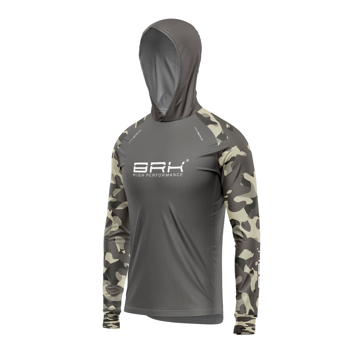 Camisa de Pesca Brk com Luva e Capuz Hybrid Camuflada Cinza e Verde com Proteção Solar UV50+ Brk Fishing