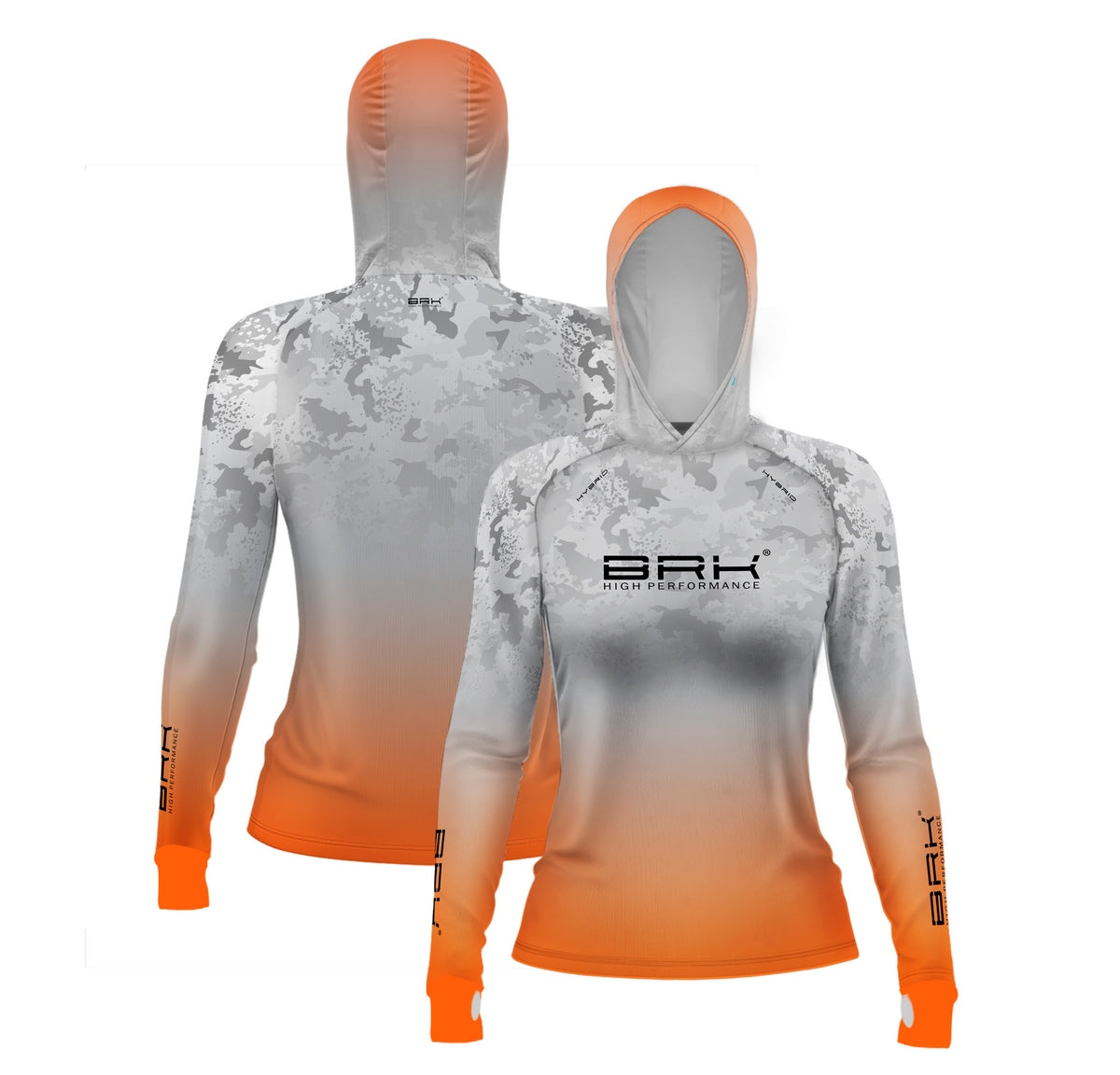 Camisa de Pesca Feminina Brk com Luva e Capuz Hybrid Camo Laranja com Proteção Solar UV50+ Brk Fishing