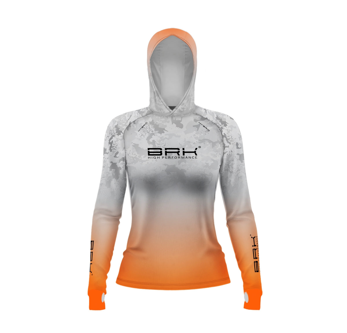Camisa de Pesca Feminina Brk com Luva e Capuz Hybrid Camo Laranja com Proteção Solar UV50+ Brk Fishing