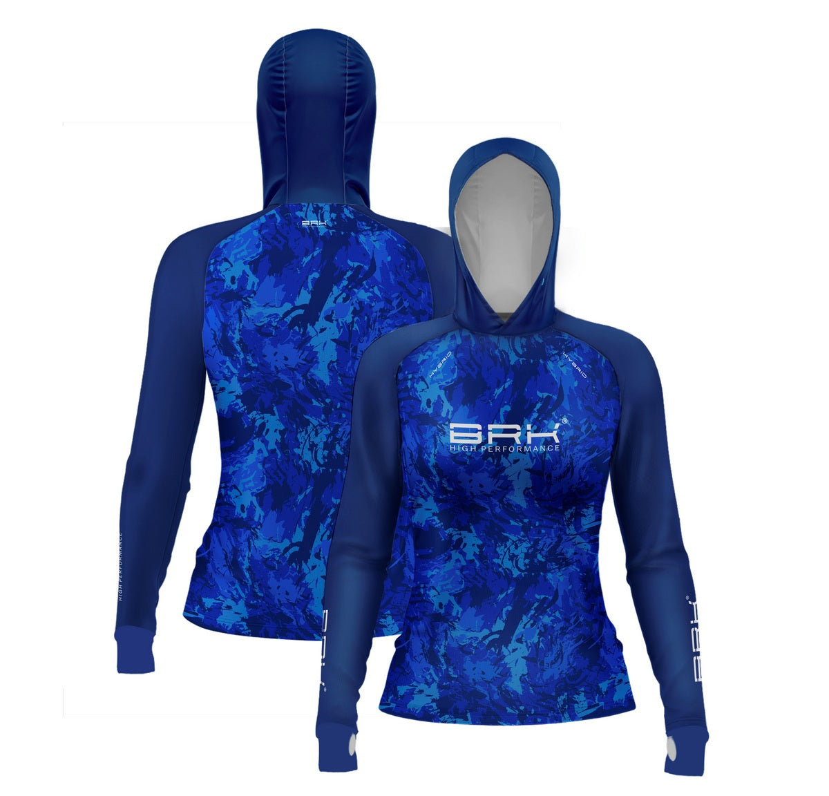 Camisa de Pesca Feminina Brk com Luva e Capuz Hybrid Camo Azul com Proteção Solar UV50+ Brk Fishing