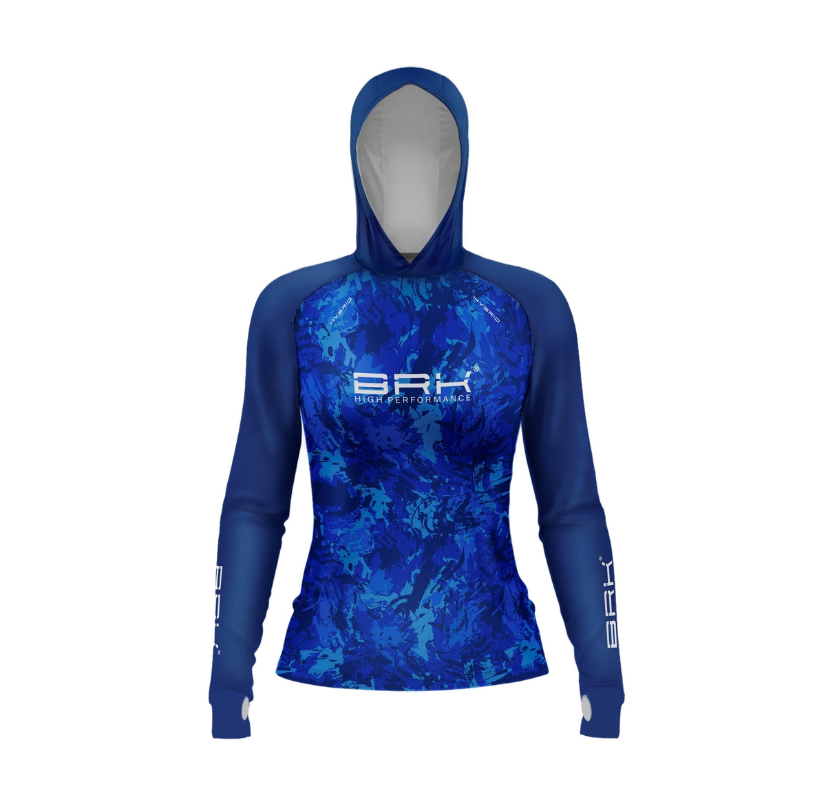 Camisa de Pesca Feminina Brk com Luva e Capuz Hybrid Camo Azul com Proteção Solar UV50+ Brk Fishing
