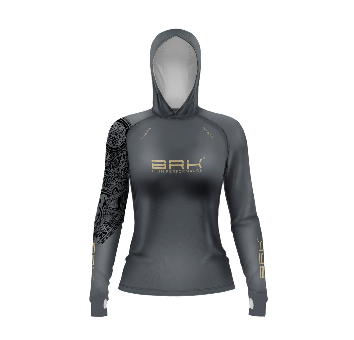 Camisa de Pesca Feminina Brk com Luva e Capuz Hybrid Sport Maori Cinza com Proteção Solar UV50+ Brk Fishing