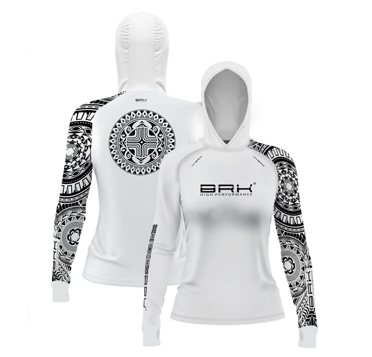 Camisa de Pesca Feminina Brk com Luva e Capuz Hybrid Branca Maori com Proteção Solar UV50+ Brk Fishing