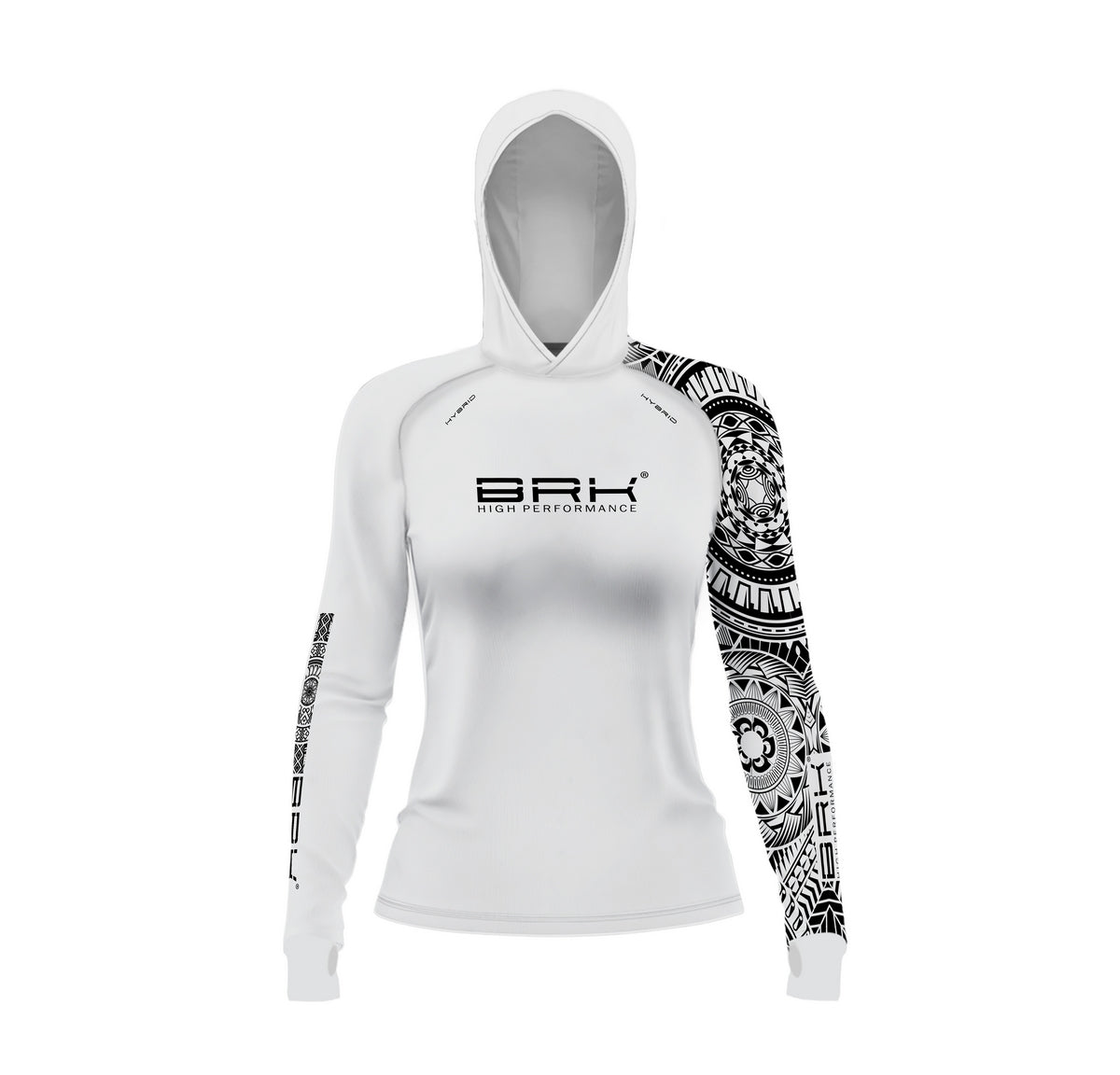 Camisa de Pesca Feminina Brk com Luva e Capuz Hybrid Branca Maori com Proteção Solar UV50+ Brk Fishing