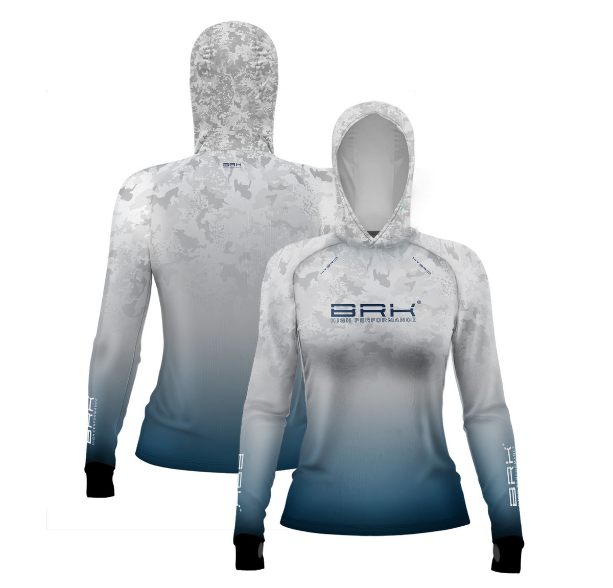 Camisa de Pesca Feminina Brk com Luva e Capuz Hybrid Camo Branca e Azul com Proteção Solar UV50+ Brk Fishing