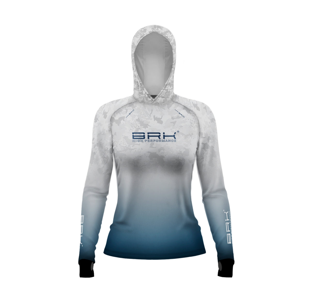 Camisa de Pesca Feminina Brk com Luva e Capuz Hybrid Camo Branca e Azul com Proteção Solar UV50+ Brk Fishing