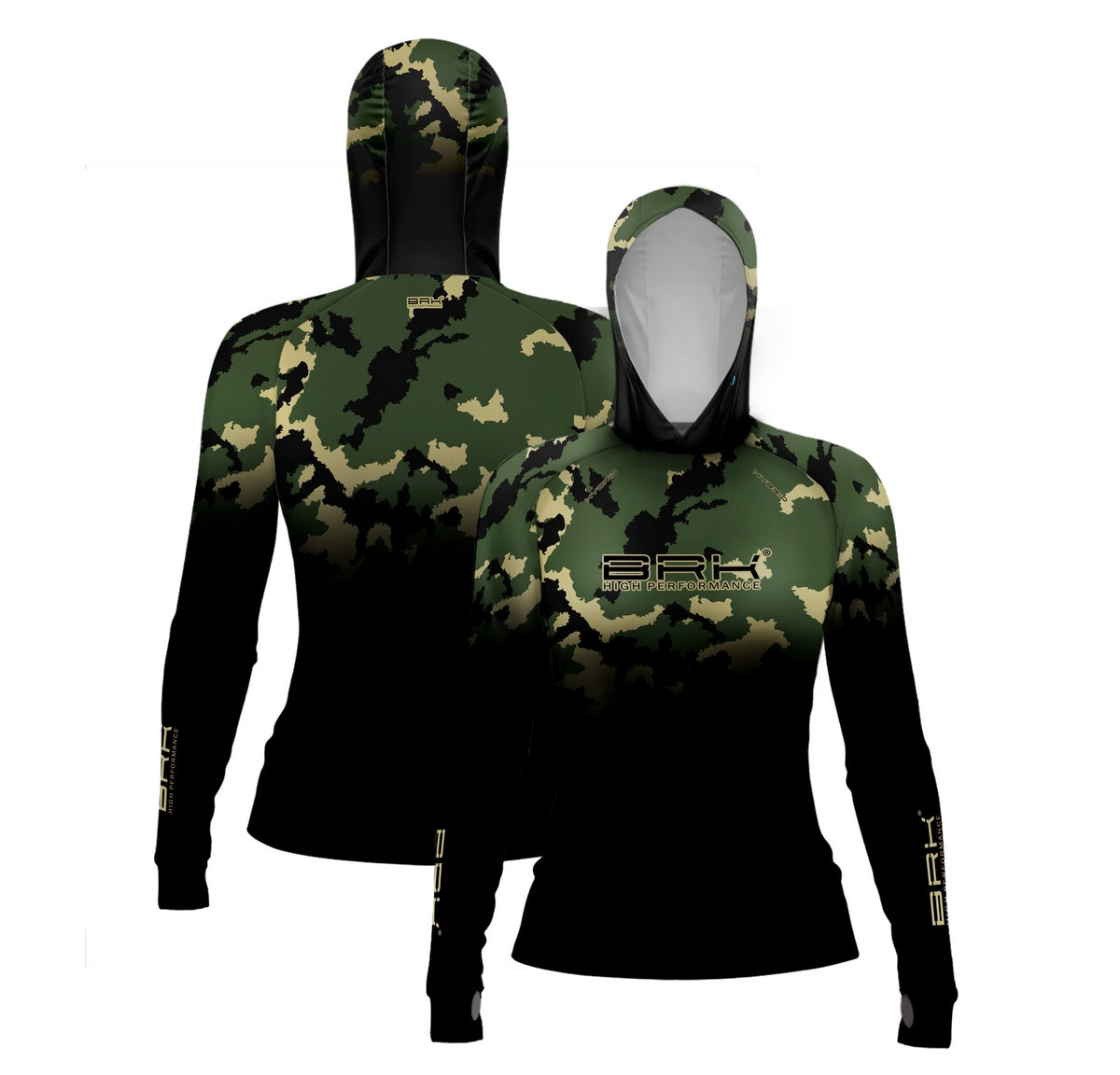 Camisa de Pesca Feminina Brk com Luva e Capuz Hybrid Camuflada Verde com Proteção Solar UV50+ Brk Fishing