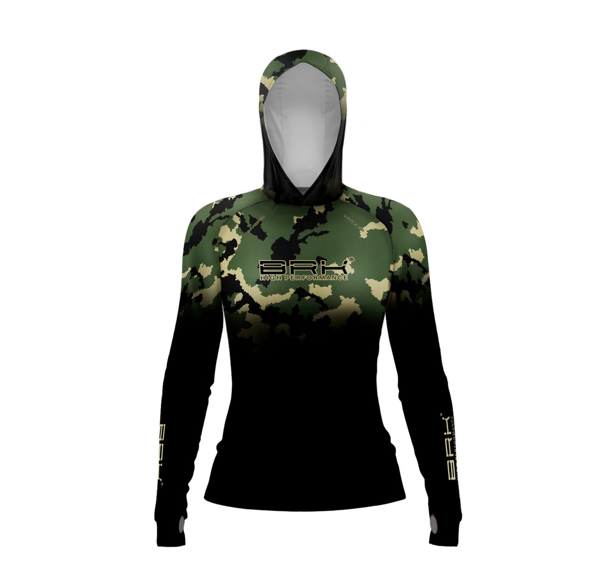 Camisa de Pesca Feminina Brk com Luva e Capuz Hybrid Camuflada Verde com Proteção Solar UV50+ Brk Fishing
