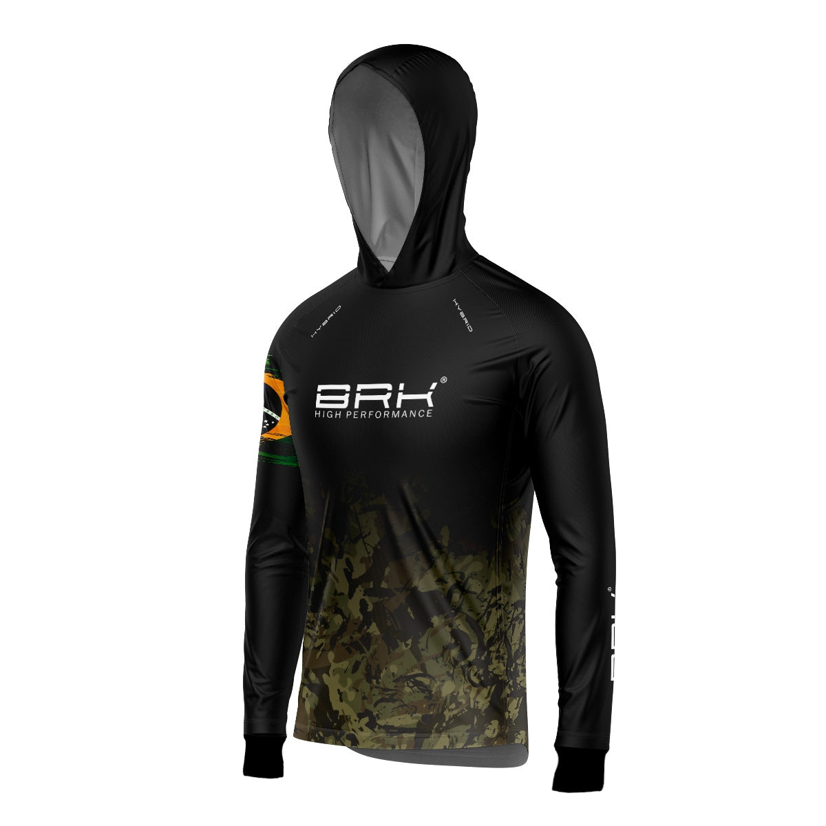 Camisa de Pesca Brk com Luva e Capuz Hybrid Camuflado Preto e Bege com Proteção Solar UV50+ Brk Fishing