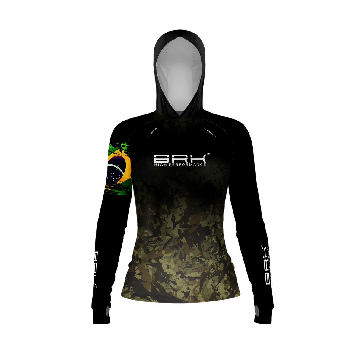 Camisa de Pesca Feminina Brk com Luva e Capuz Hybrid Camuflado Preto e Bege com Proteção Solar UV50+ Brk Fishing
