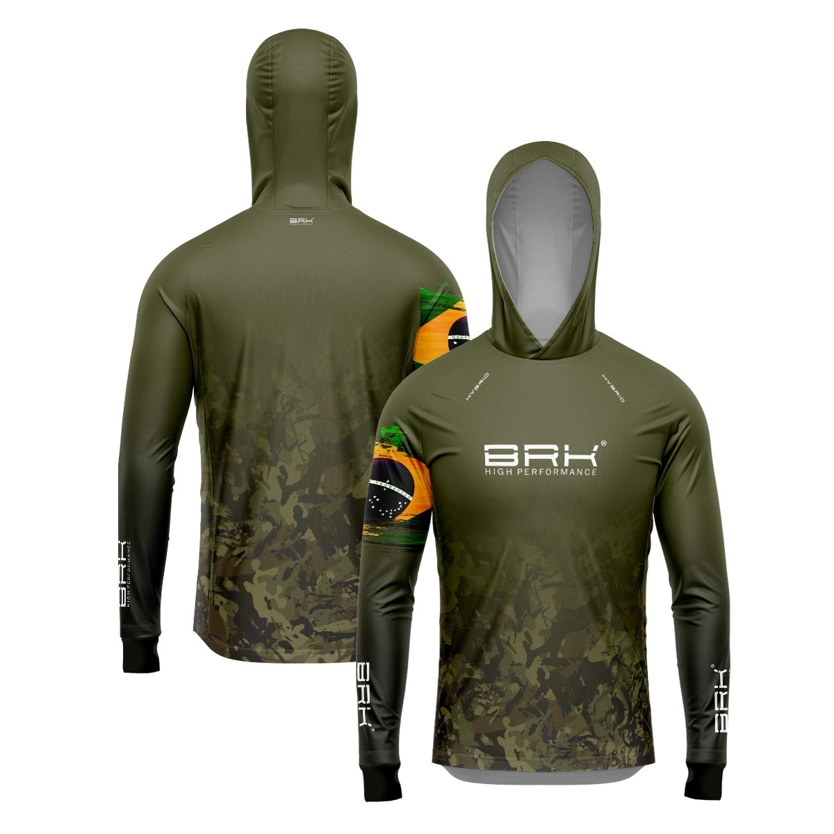 Camisa de Pesca Brk com Luva e Capuz Hybrid Camuflado Verde Brasil com Proteção Solar UV50+ Brk Fishing