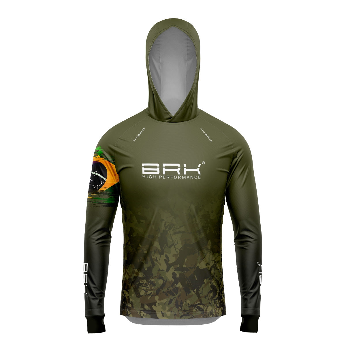 Camisa de Pesca Brk com Luva e Capuz Hybrid Camuflado Verde Brasil com Proteção Solar UV50+ Brk Fishing