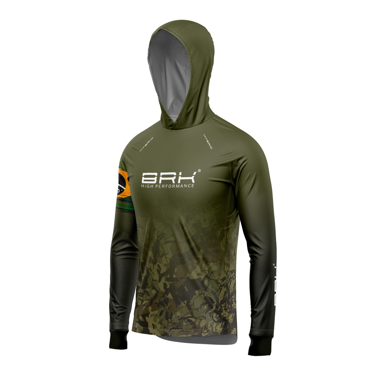 Camisa de Pesca Brk com Luva e Capuz Hybrid Camuflado Verde Brasil com Proteção Solar UV50+ Brk Fishing