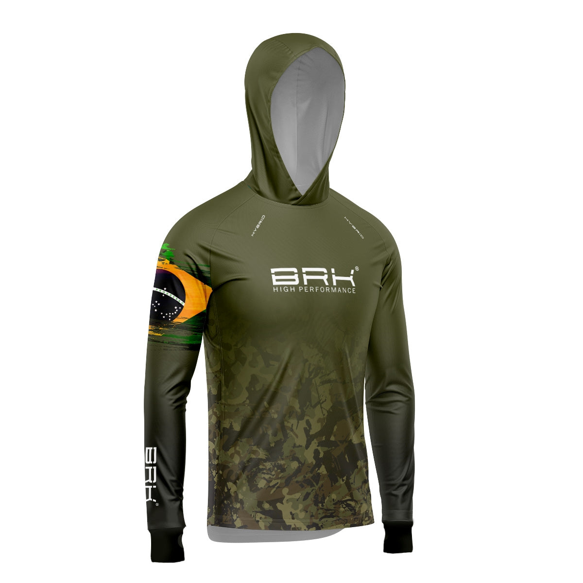 Camisa de Pesca Brk com Luva e Capuz Hybrid Camuflado Verde Brasil com Proteção Solar UV50+ Brk Fishing