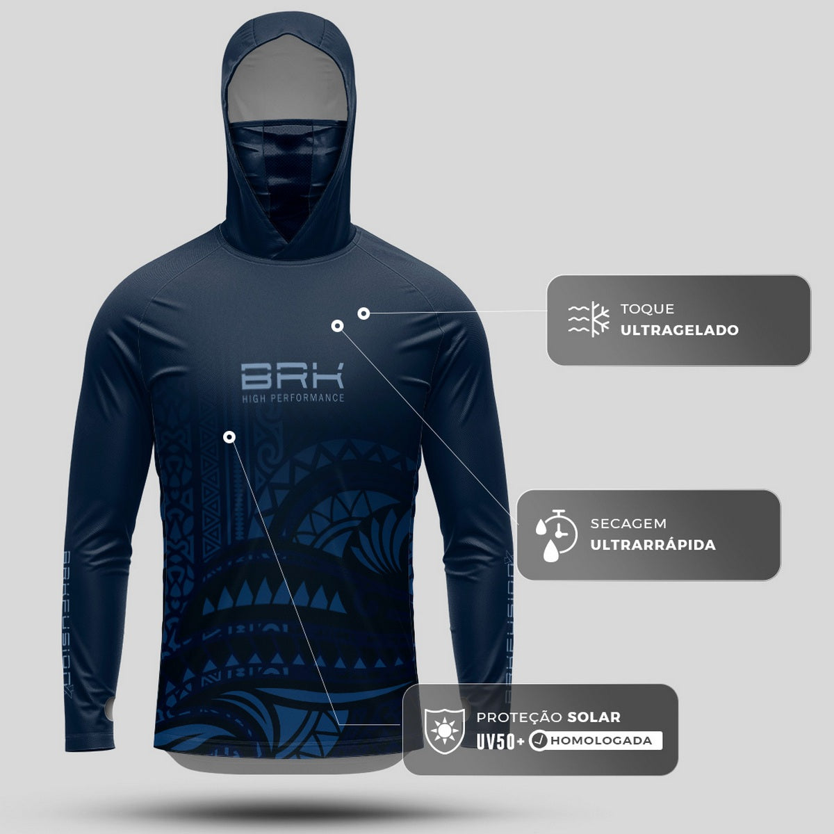 Camisa FusionX Maori Tribal Azul-Escuro BRK com Proteção Solar UV50+ - Brk Fishing