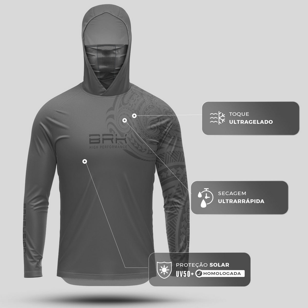 Camisa FusionX Maori Tribal Cinza BRK com Proteção Solar UV50+ - Brk Fishing