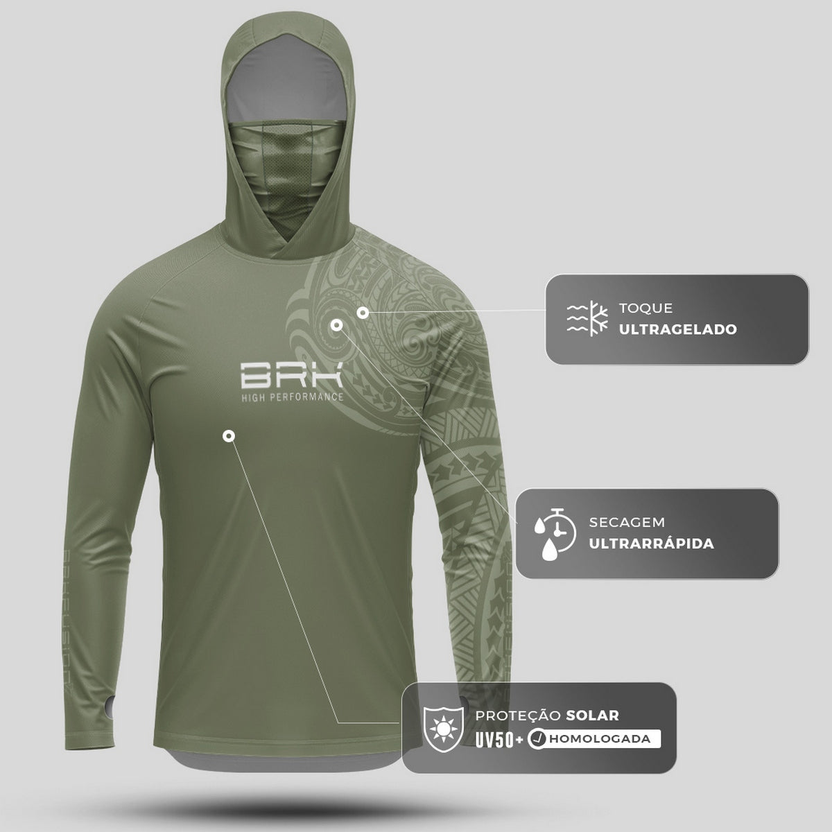 Camisa FusionX Maori Tribal Verde BRK com Proteção Solar UV50+ - Brk Fishing