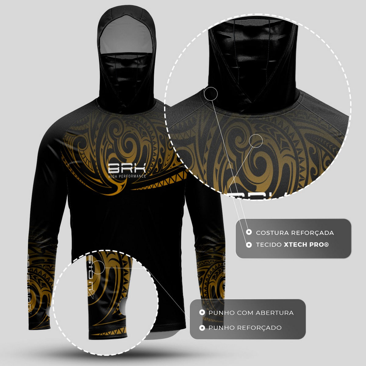 Camisa FusionX Maori Tribal Preto e Dourado BRK com Proteção Solar UV50+ - Brk Fishing
