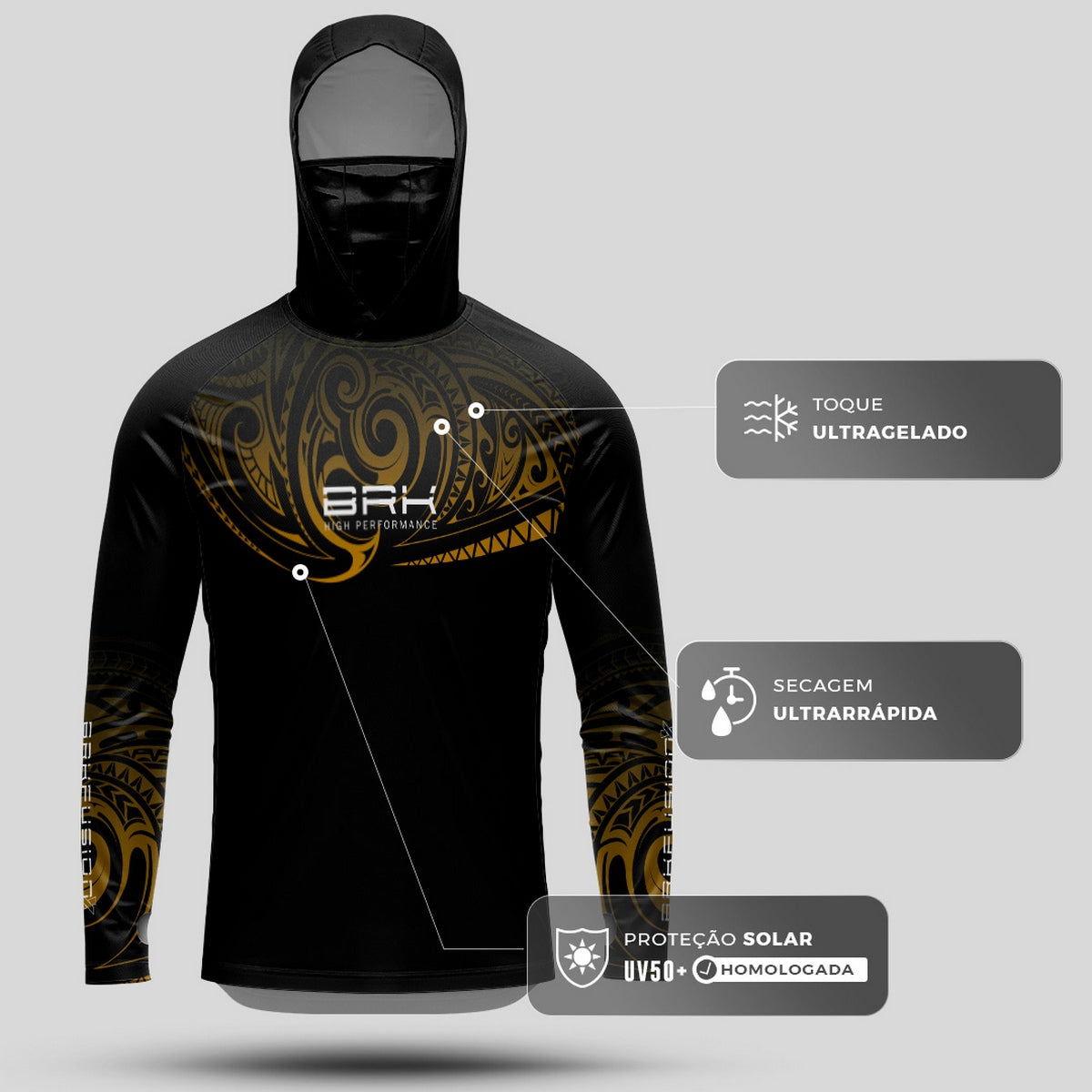 Camisa FusionX Maori Tribal Preto e Dourado BRK com Proteção Solar UV50+ - Brk Fishing