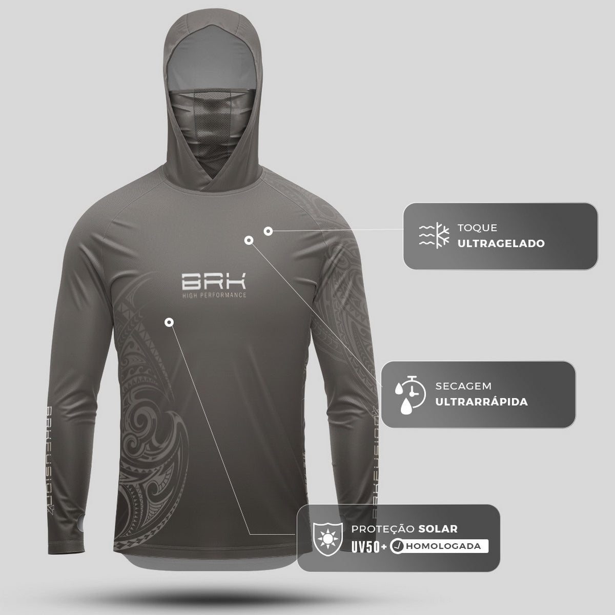 Camisa FusionX Maori Tribal Cinza BRK com Proteção Solar UV50+ - Brk Fishing
