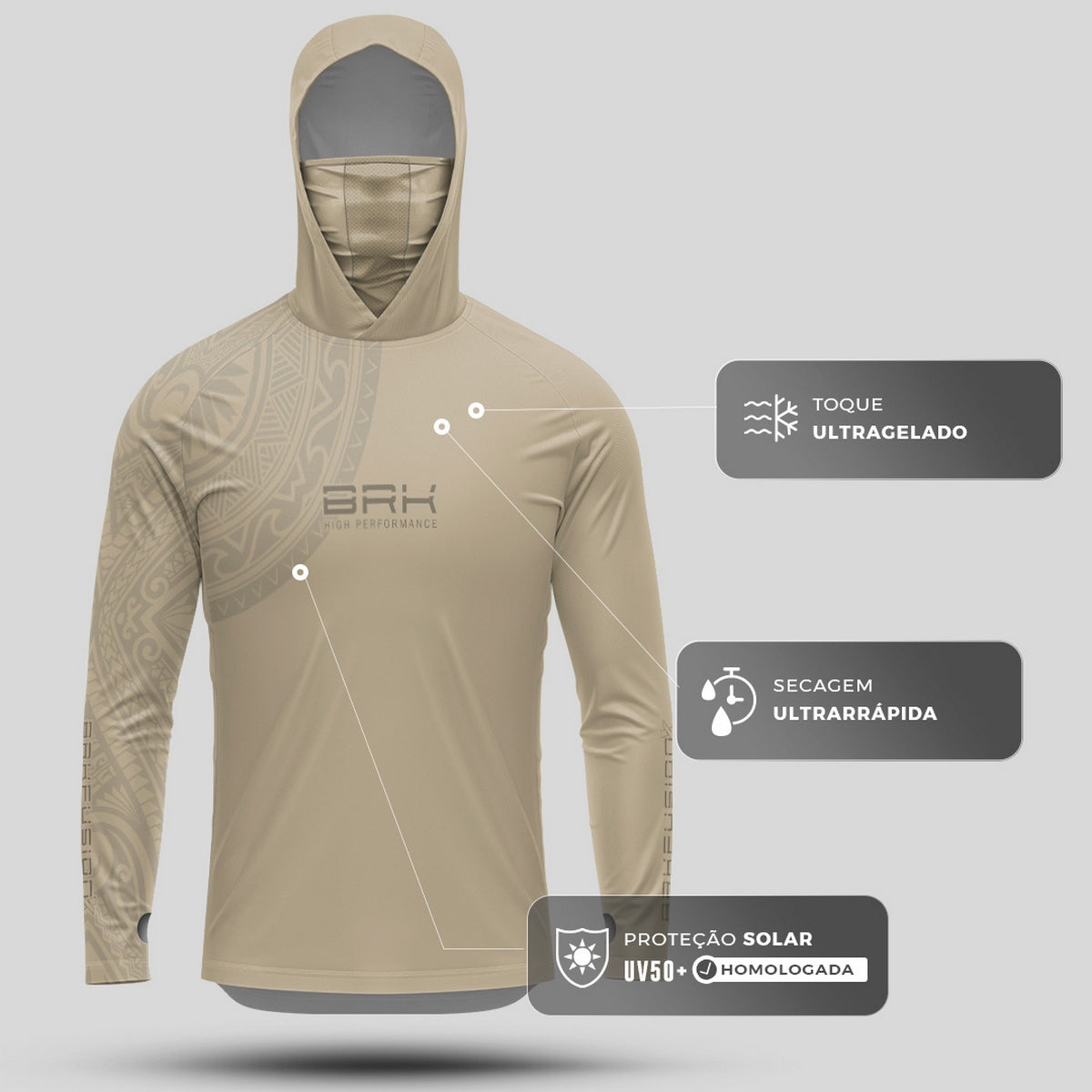 Camisa FusionX Maori Tribal Bege BRK com Proteção Solar UV50+ - Brk Fishing