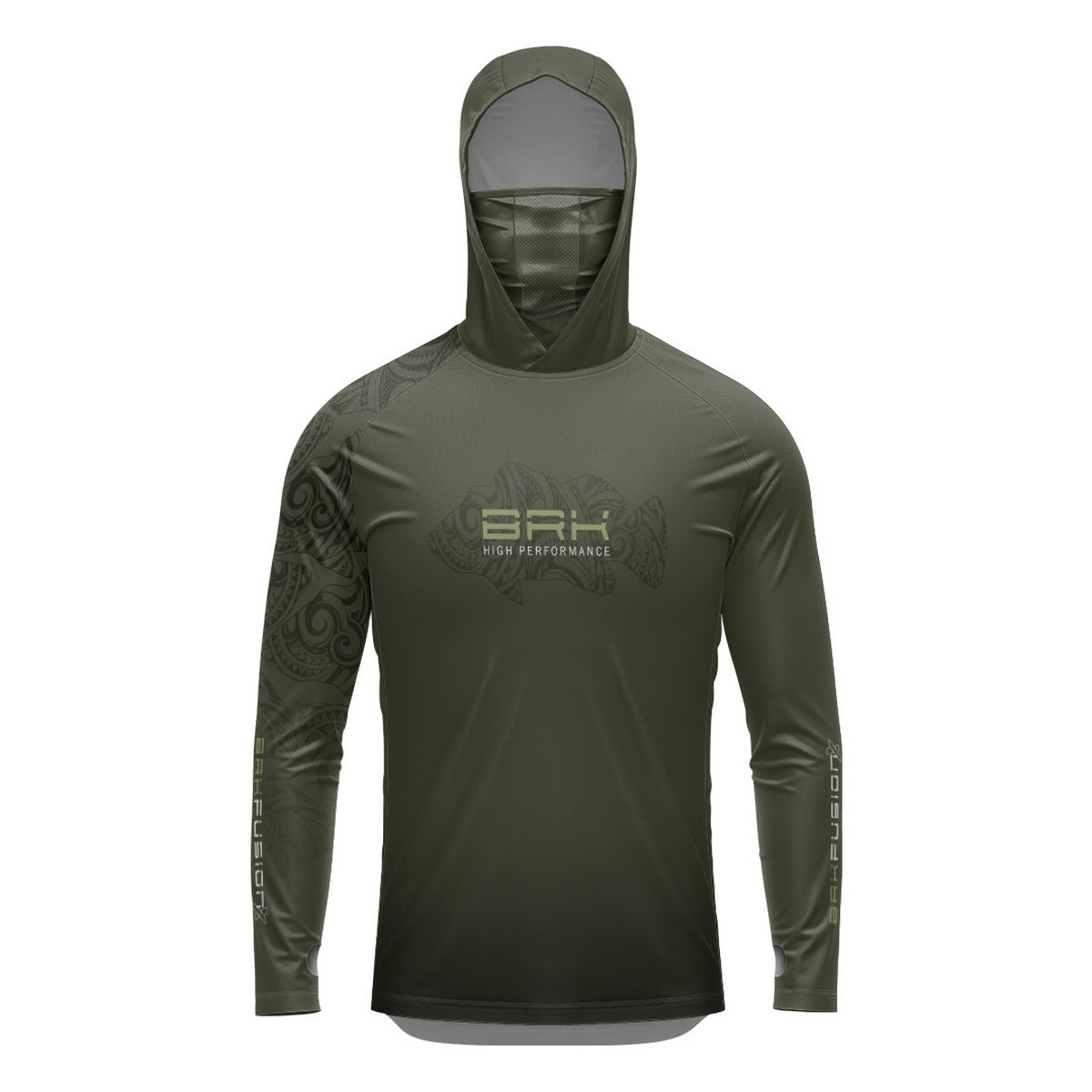 Camisa FusionX Maori Verde Musgo Tucunaré Tribal BRK com Proteção Solar UV50+ - Brk Fishing