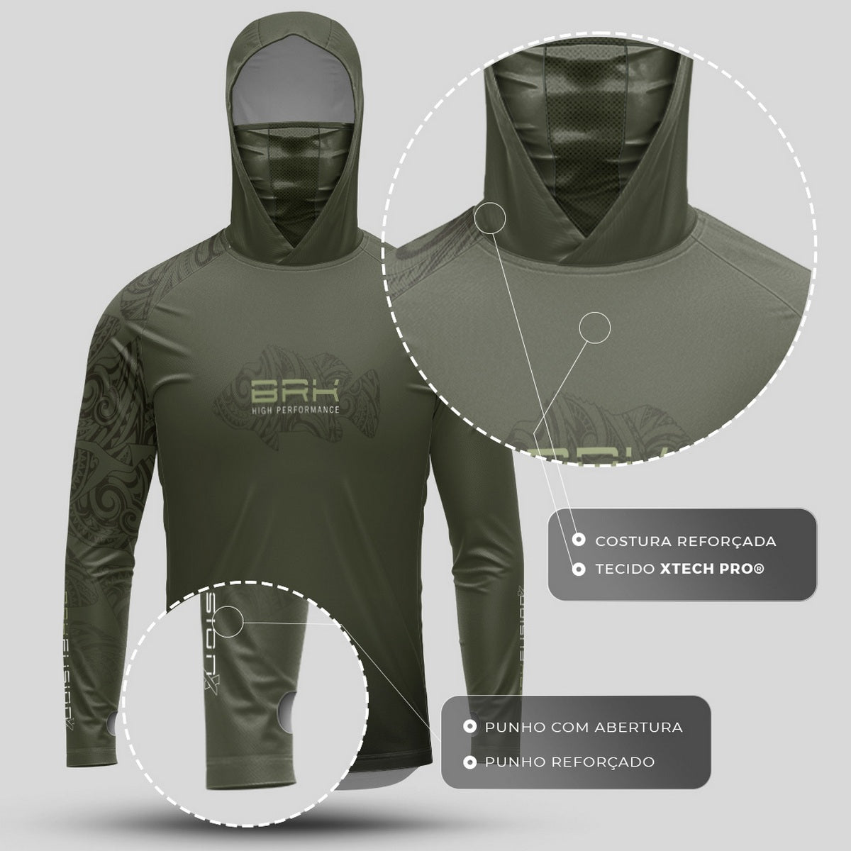 Camisa FusionX Maori Verde Musgo Tucunaré Tribal BRK com Proteção Solar UV50+ - Brk Fishing