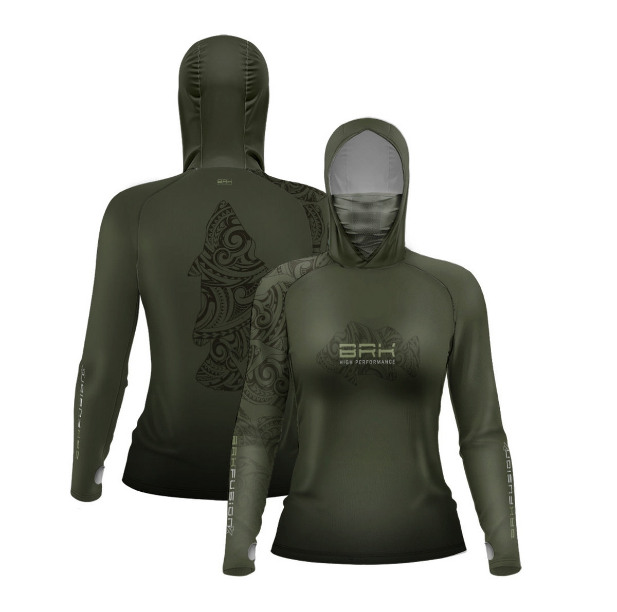 Camisa FusionX Feminina Maori Verde Musgo Tucunaré Tribal BRK com Proteção Solar UV50+ - Brk Fishing
