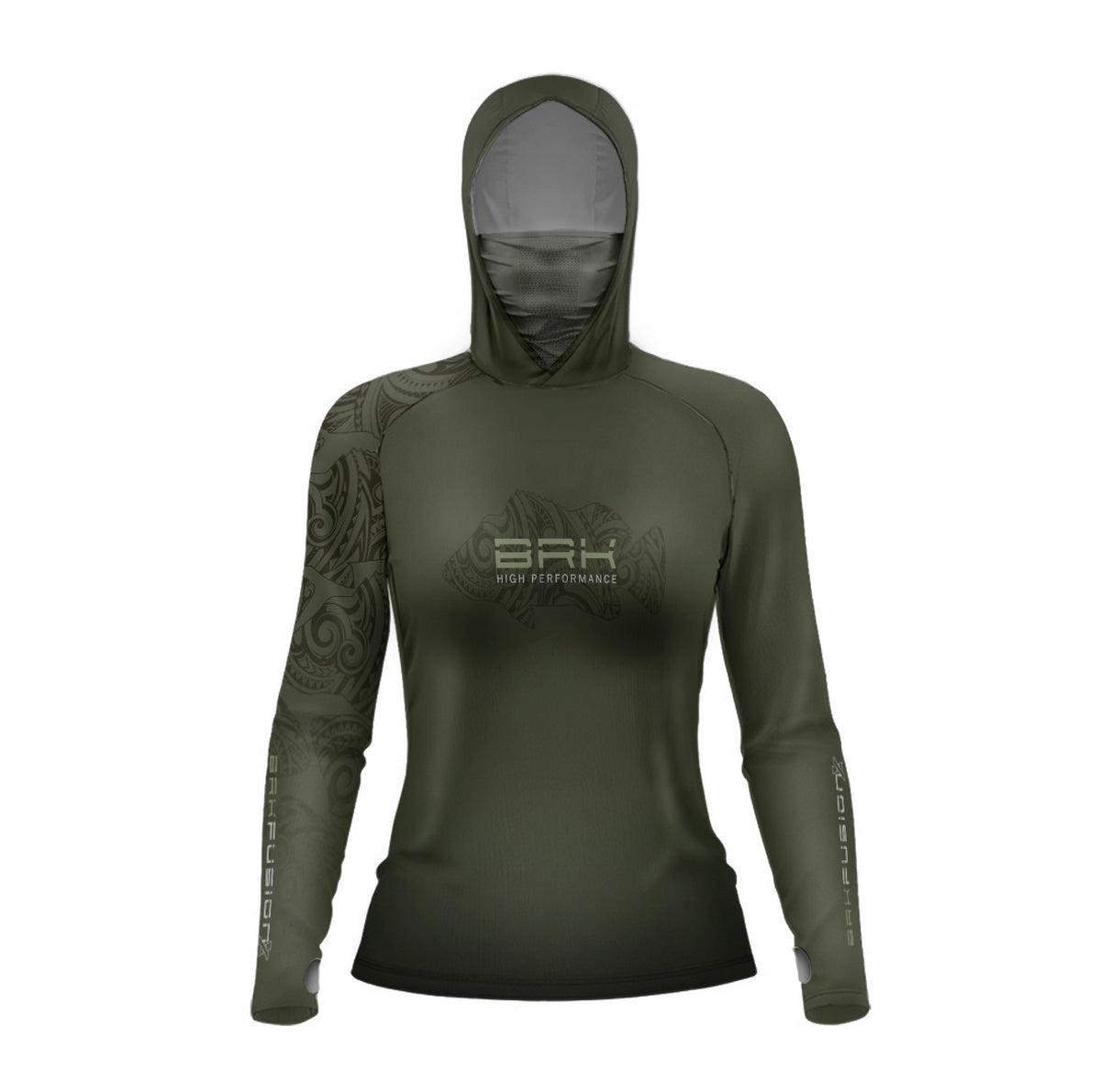Camisa FusionX Feminina Maori Verde Musgo Tucunaré Tribal BRK com Proteção Solar UV50+ - Brk Fishing