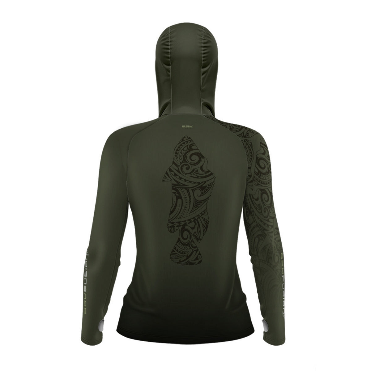 Camisa FusionX Feminina Maori Verde Musgo Tucunaré Tribal BRK com Proteção Solar UV50+ - Brk Fishing