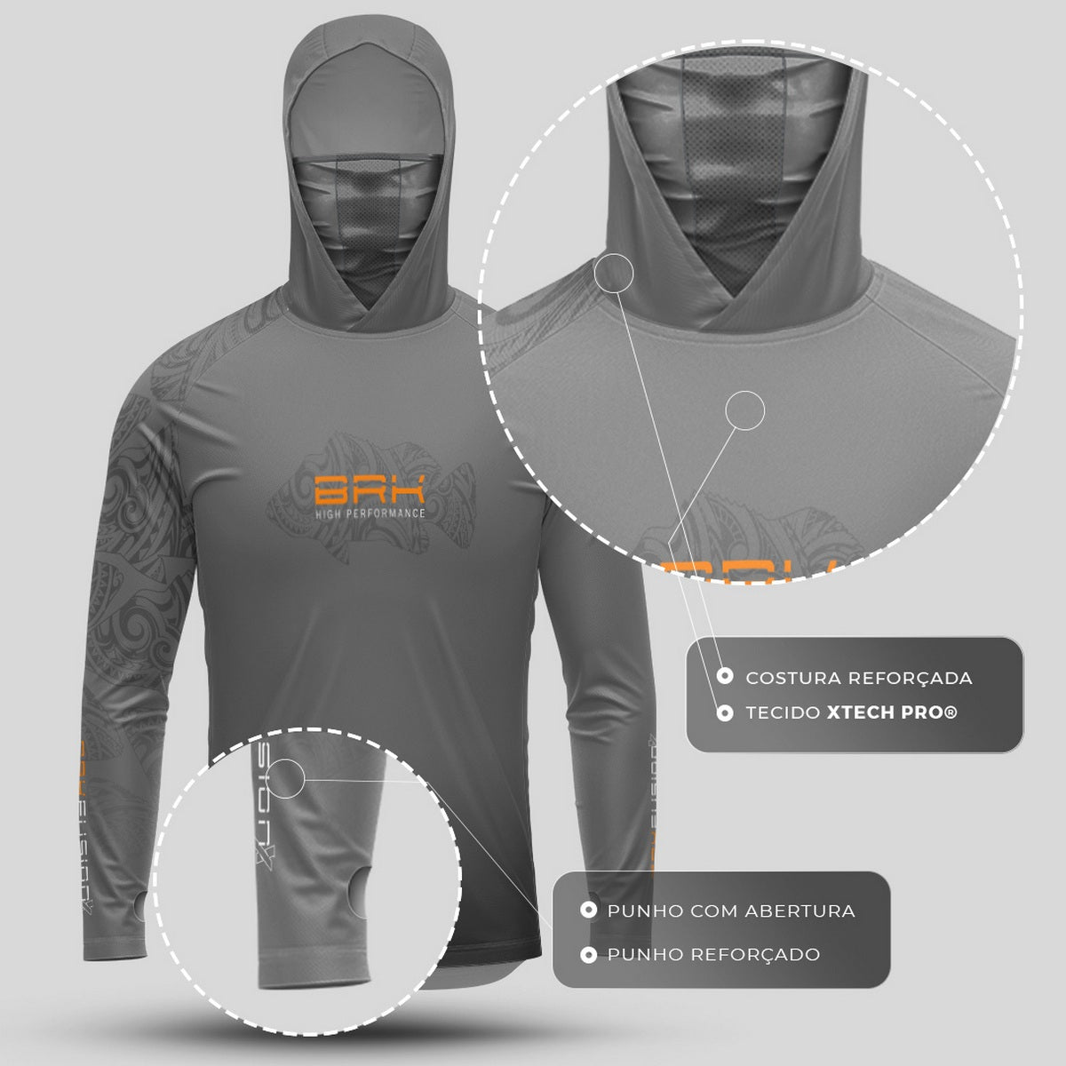 Camisa FusionX Maori Cinza Tucunaré Tribal BRK com Proteção Solar UV50+ - Brk Fishing