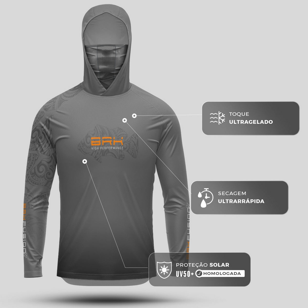Camisa FusionX Maori Cinza Tucunaré Tribal BRK com Proteção Solar UV50+ - Brk Fishing