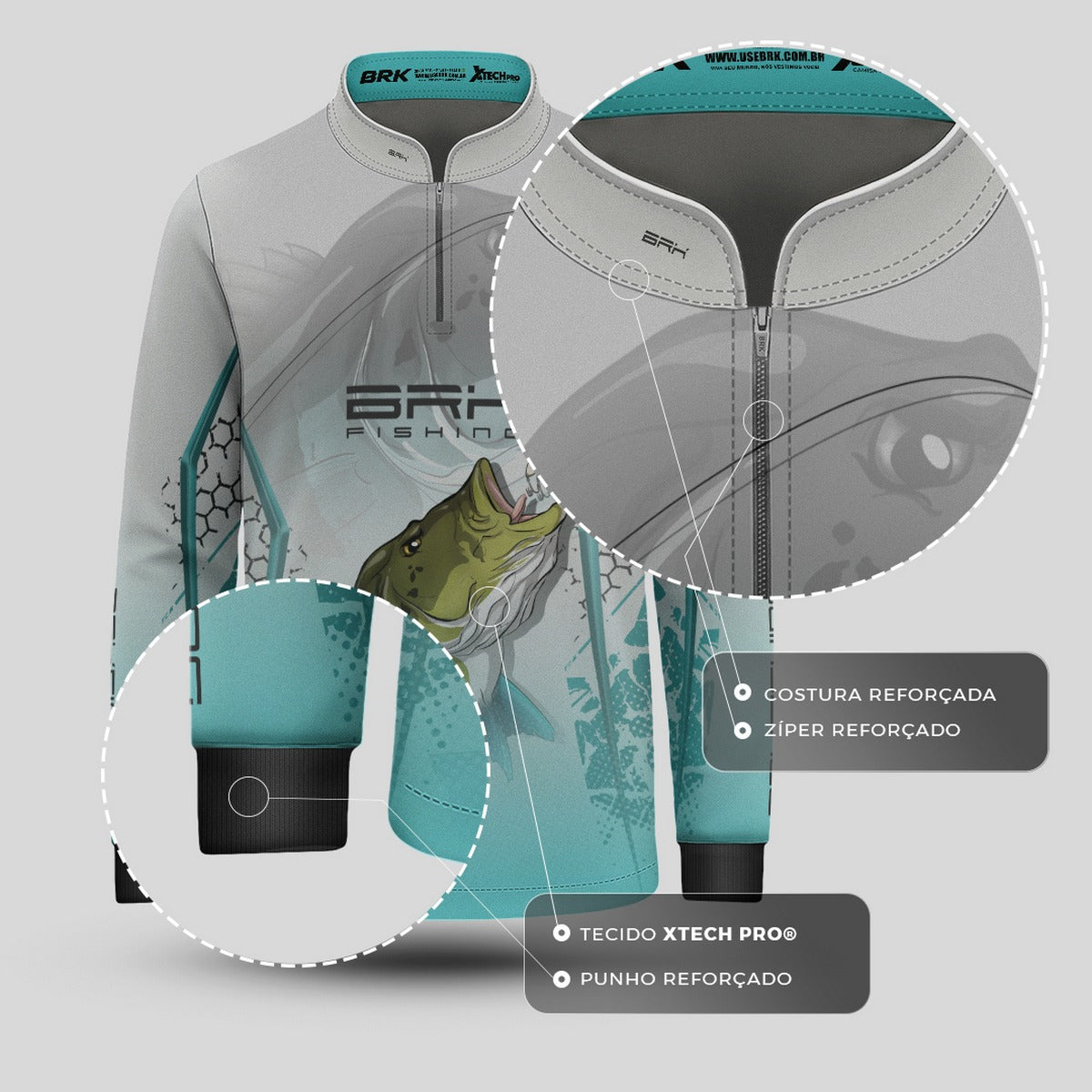 Camisa de Pesca Infantil Brk Tucunaré Branca e Azul com Proteção UV50 Brk Fishing