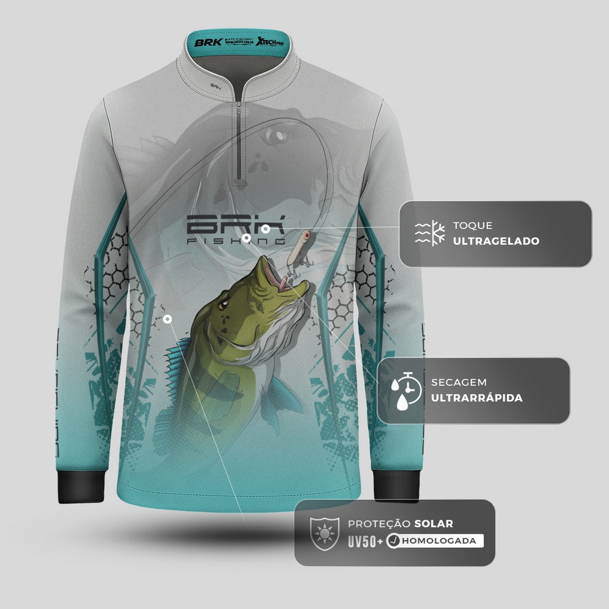 Camisa de Pesca Infantil Brk Tucunaré Branca e Azul com Proteção UV50 Brk Fishing