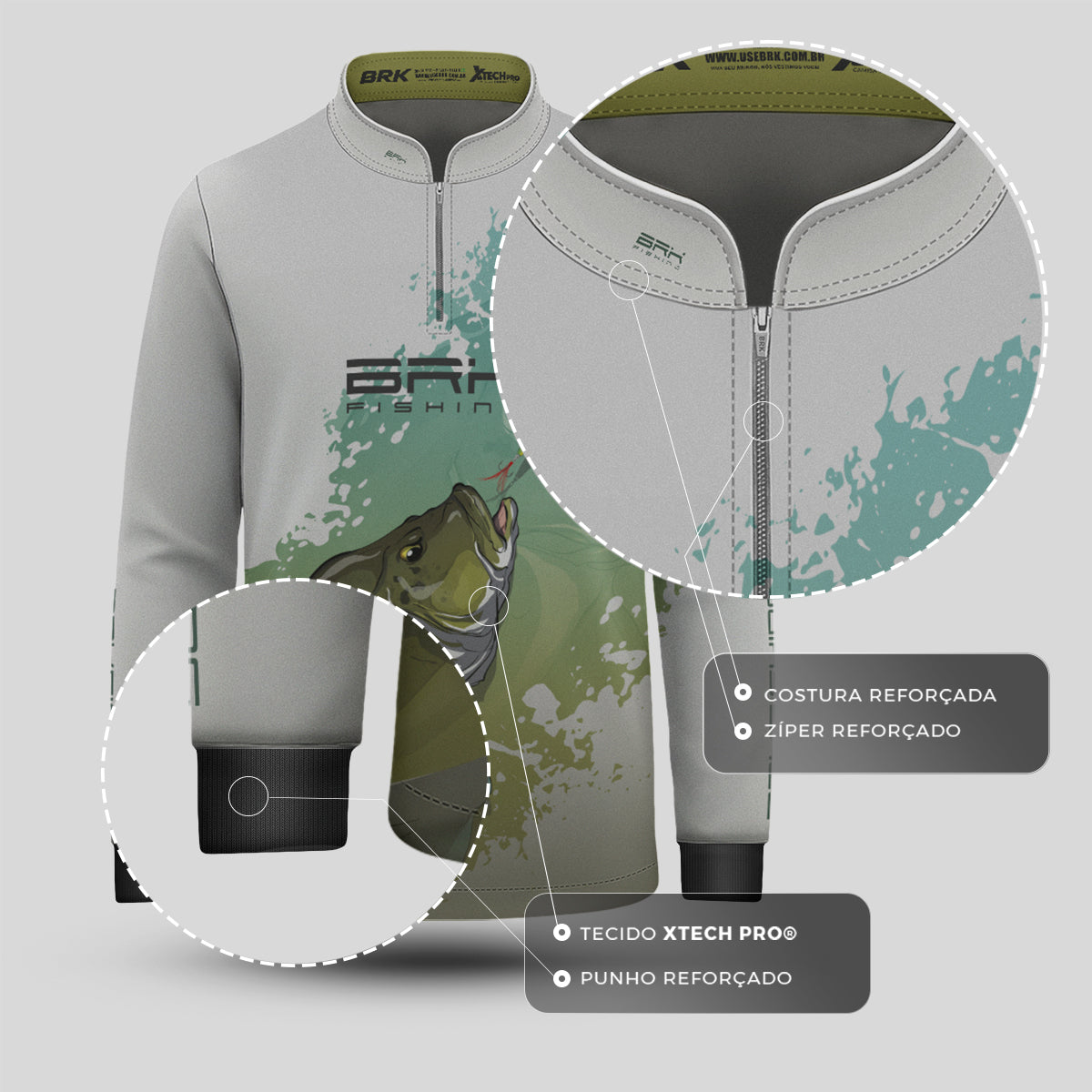 Camisa de Pesca Infantil Brk Tucunaré Verde e Branca com Proteção UV50 Brk Fishing