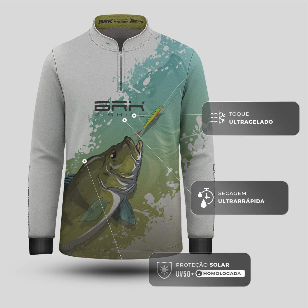 Camisa de Pesca Infantil Brk Tucunaré Verde e Branca com Proteção UV50 Brk Fishing