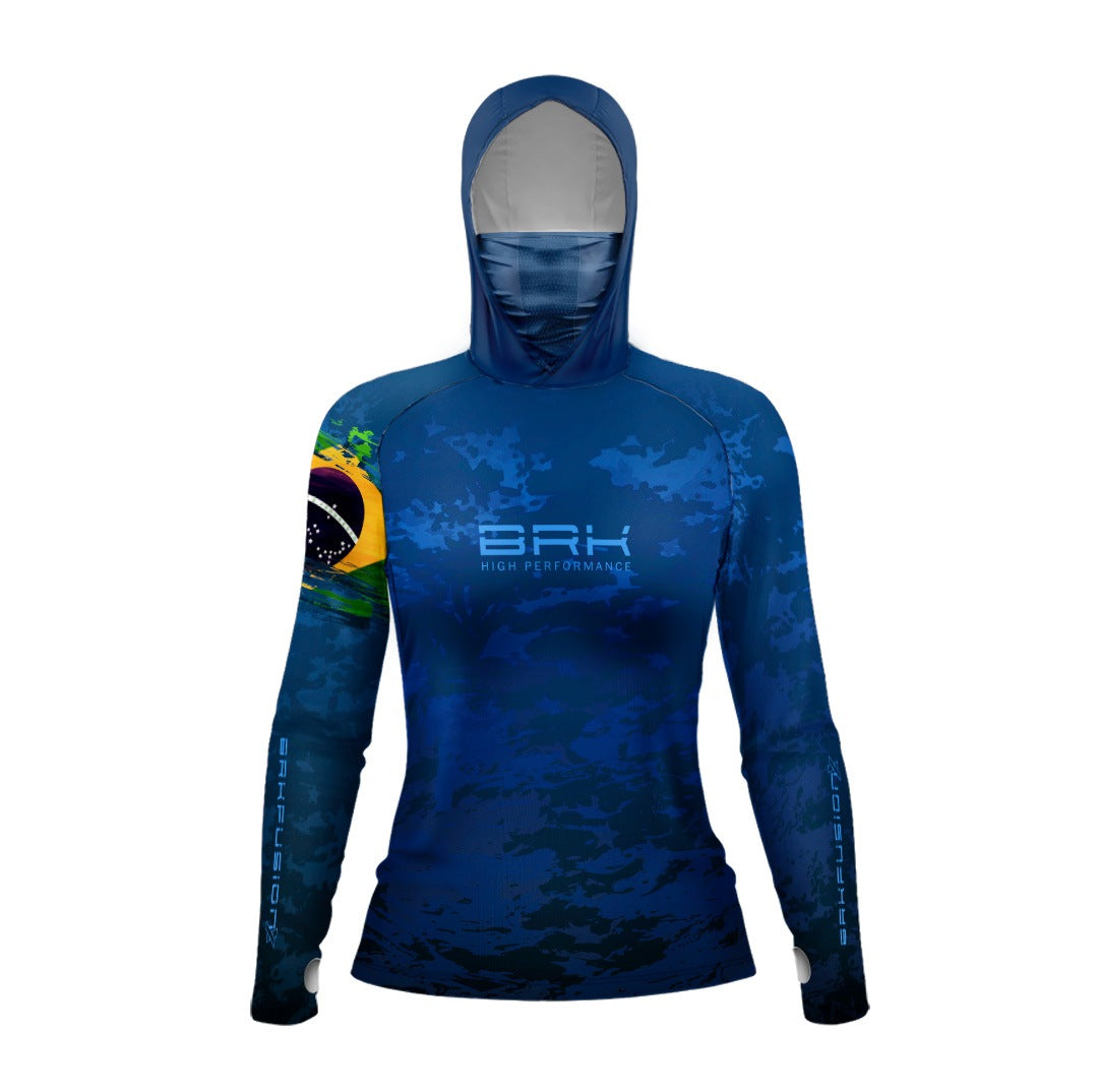 Camisa FusionX Feminina  Brk Fishing Brasil Militar Azul com Proteção UV50+