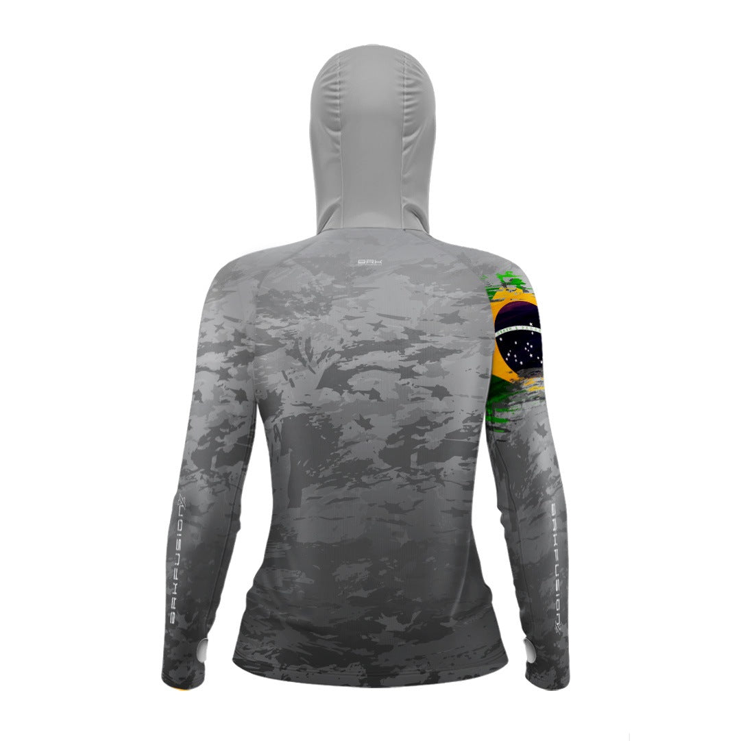 Camisa FusionX Feminina  Brk Fishing Brasil Militar Cinza com Proteção UV50+