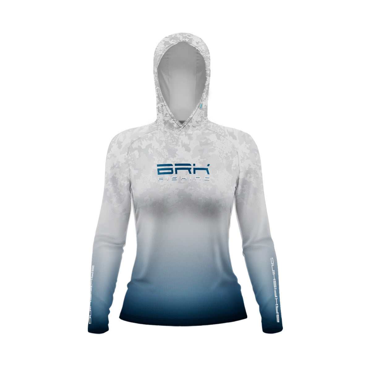 Camisa de Pesca Feminina com Capuz Brk Branco Camuflado e Azul com Proteção Solar UV50+