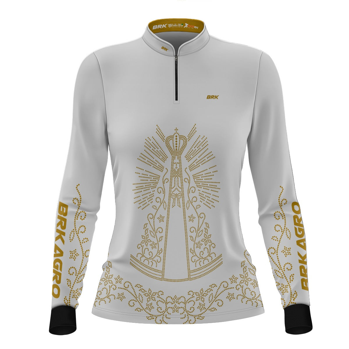 Camisa Feminina Agro Brk Nossa Senhora Strass Branca com Proteção Solar UV50+