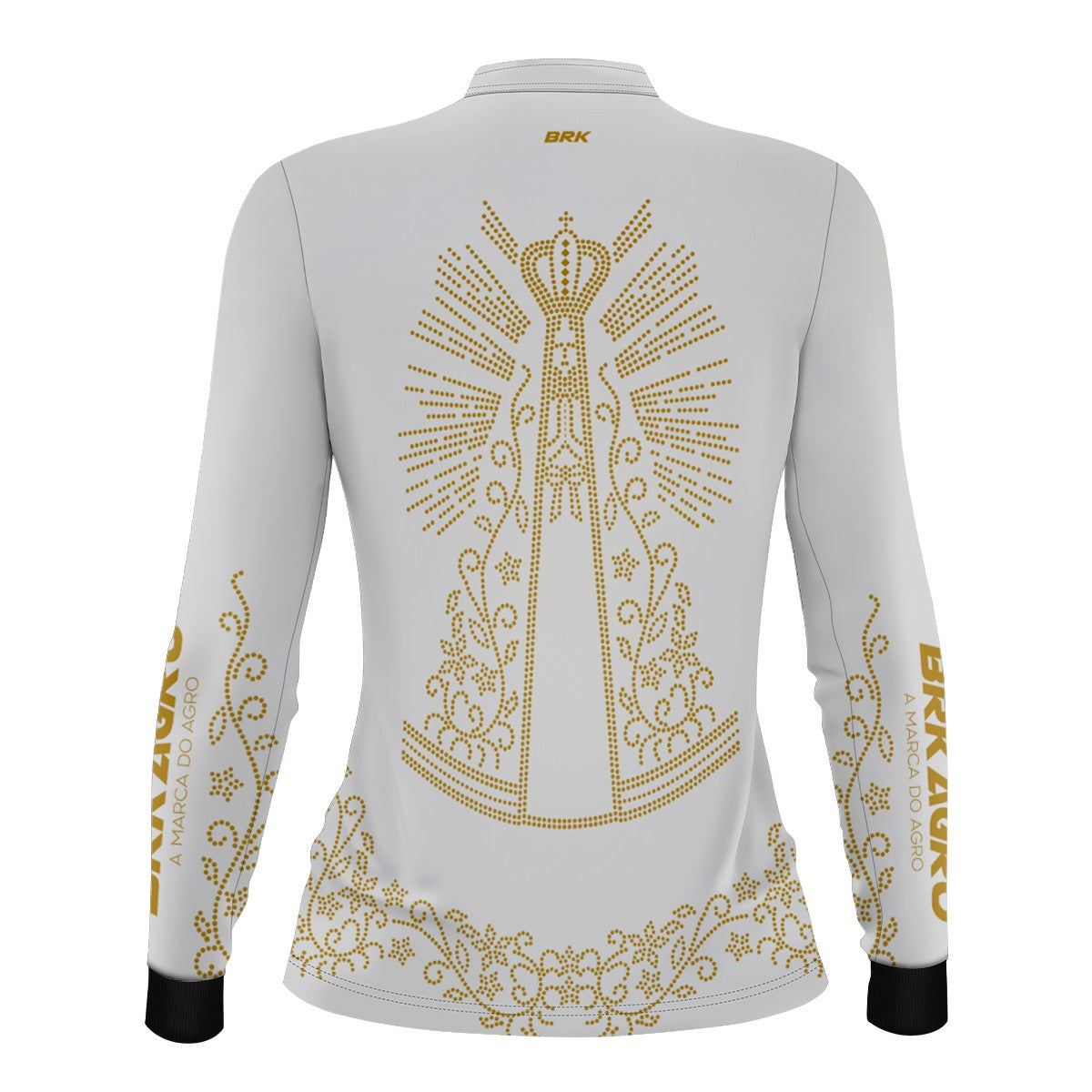 Camisa Feminina Agro Brk Nossa Senhora Strass Branca com Proteção Solar UV50+