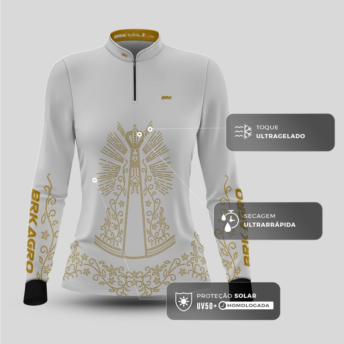 Camisa Feminina Agro Brk Nossa Senhora Strass Branca com Proteção Solar UV50+
