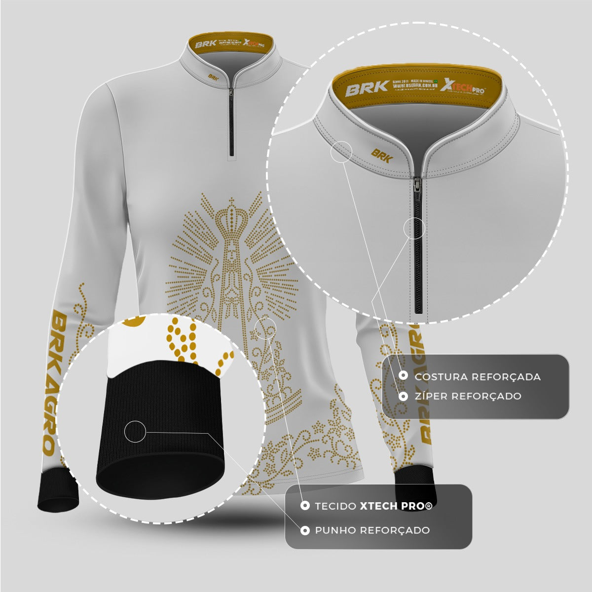 Camisa Feminina Agro Brk Nossa Senhora Strass Branca com Proteção Solar UV50+