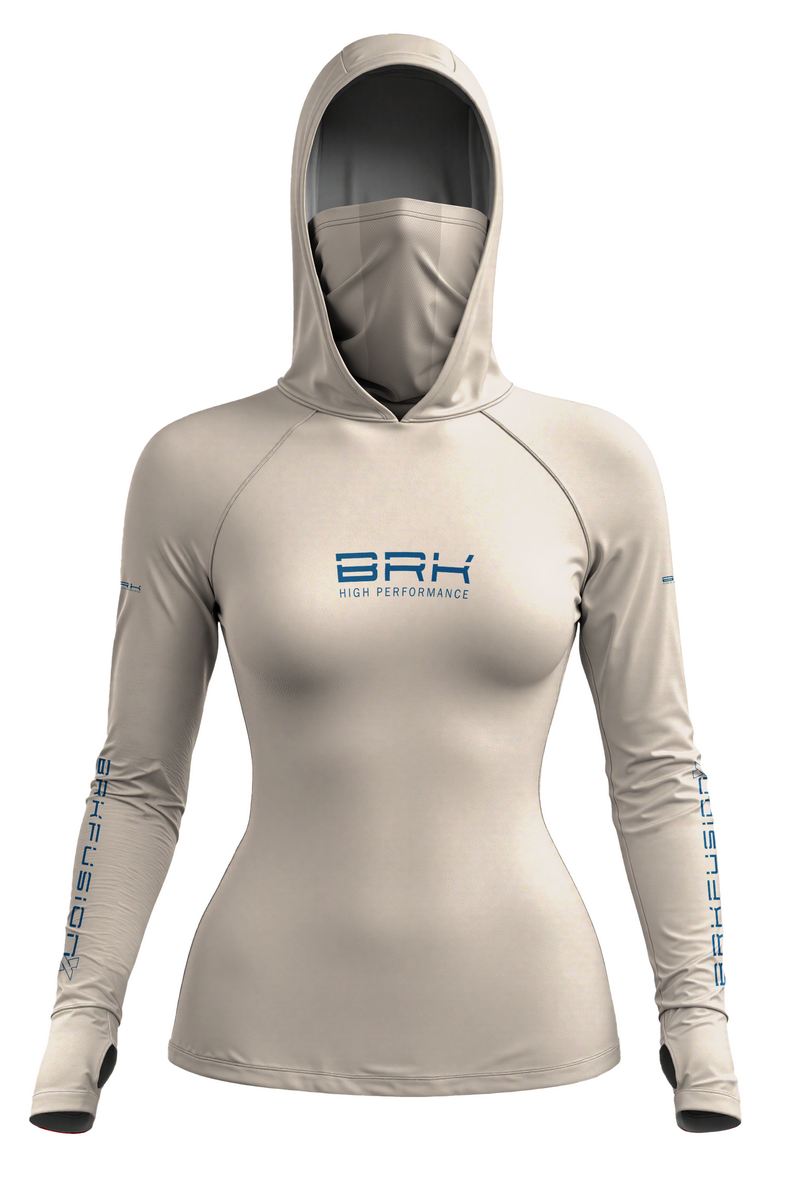 Camisa FusionX Feminina Brk Bege Clean com Detalhes em Azul e Proteção UV50+