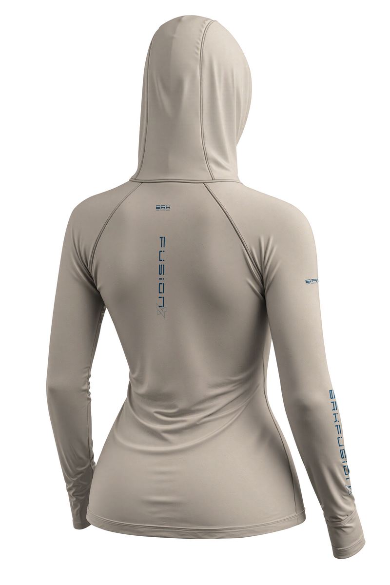 Camisa FusionX Feminina Brk Bege Clean com Detalhes em Azul e Proteção UV50+
