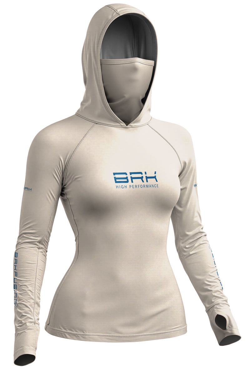 Camisa FusionX Feminina Brk Bege Clean com Detalhes em Azul e Proteção UV50+